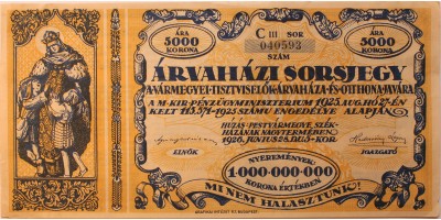 Árvaházi sorsjegy 5000 korona 1925